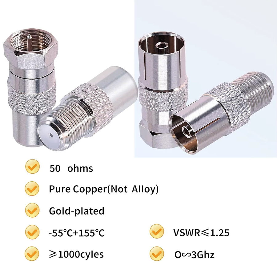TTVXO Koaxialkabel-Adapter-Set F-Buchse auf TV Pal Stecker und Buchse in Silber für FM-Radio-Antennen und Koax-Anschlüsse - Bild 2
