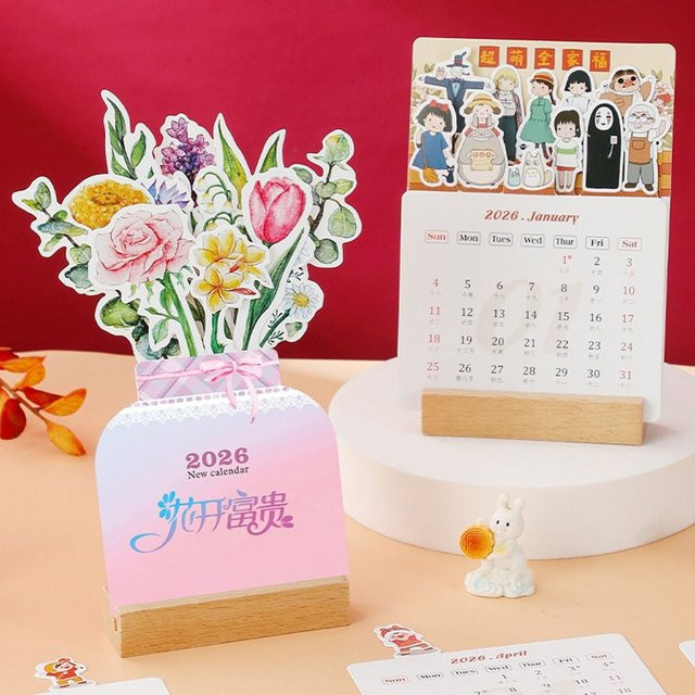 Tischkalender 2026 mit Holzsockel in Vasenform und blühenden Blumen, pink und mehrfarbig - Bild 1