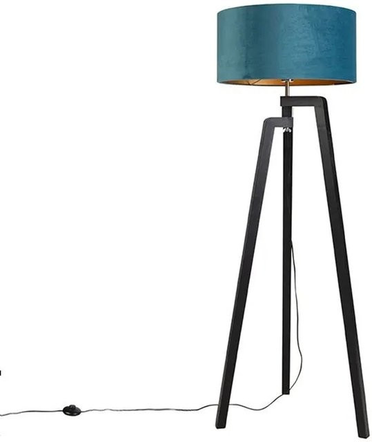 QAZQA Puros Stehlampe Stativ mit blauem Schirm in Schwarz und Gold, dimmbar, E27 - Bild 1