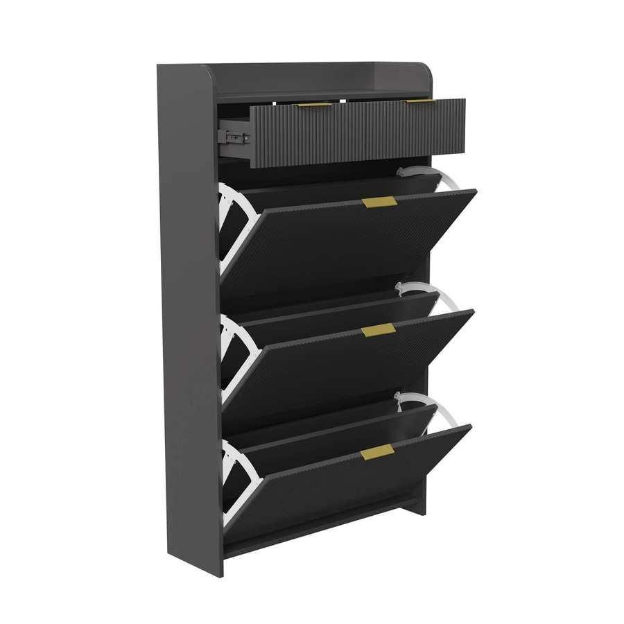 PXloue Schuhschrank Schwarz mit 3 Klappen und Schubladen, verstellbare Schuhkommode für Flur, Wohnzimmer oder Schlafzimmer, H: 134 cm, B: 77 cm, T: 24 cm - Bild 2