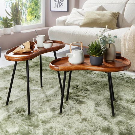 Finebuy Couchtisch 2-teilig aus Massivholz in Braun im Retro-Design mit ovalen Tischplatten