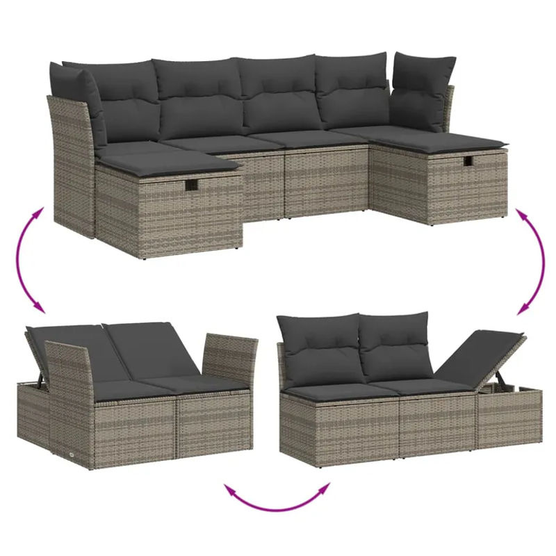 vidaXL 6-teilige Garten-Sofagarnitur in L-Form aus Poly Rattan und Metall, Grau, inklusive Kissen und Ottoman - Bild 4
