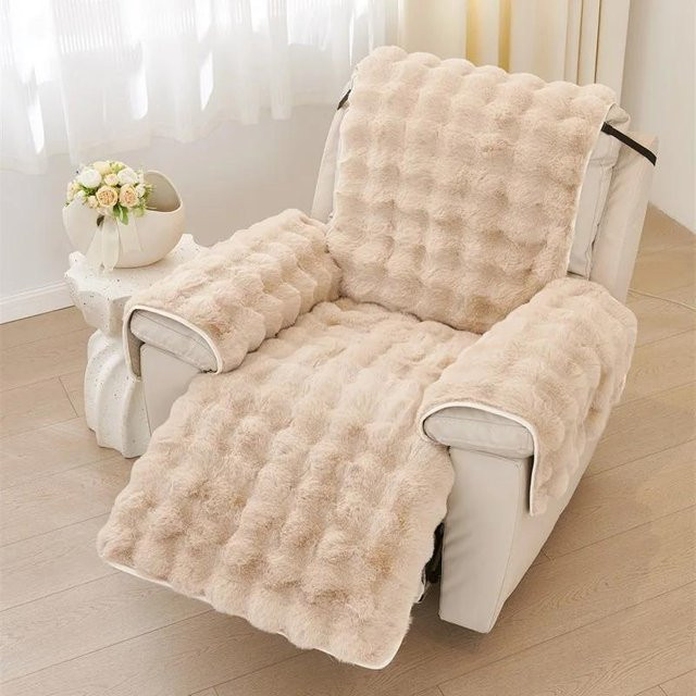 Rutschfester 1-Sitzer Relaxsofa Überzug aus superweichem Kaninchenplüsch in Beige - Bild 1