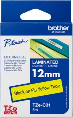 Brother Schriftbandkassette TZe-C31, selbstklebend, Breite: 12 mm, Länge: 5 m, Farbe: Signal-Gelb, Schriftfarbe: Schwarz - Bild 3