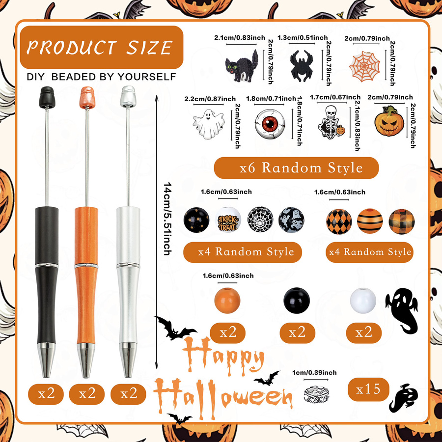 6er Set Halloween DIY Kugelschreiber mit Perlen in den Farben Schwarz, Orange und Multicolour mit Kürbis, Totenkopf, schwarzer Katze und Teufel Motiven - Bild 2