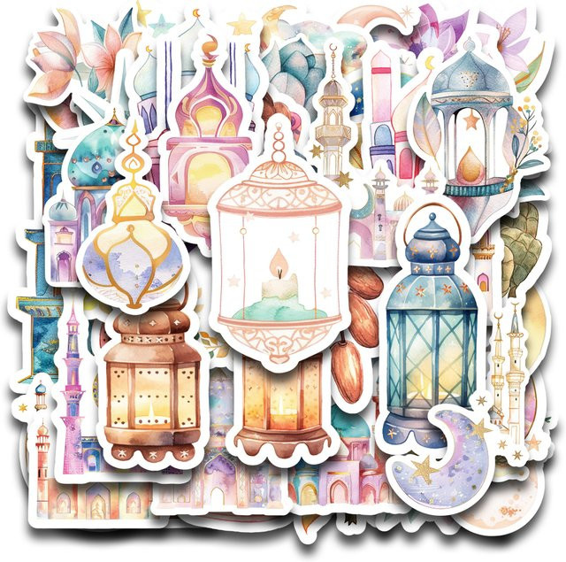 60 Stück Ramadan Mubarak Aufkleber mit Halbmond und Laternen-Design in Multicolour für Scrapbooking und Dekoration - Bild 1