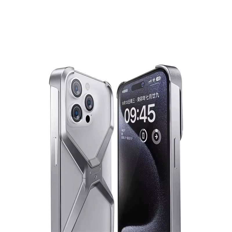 Stoßfestes Aluminium Handycase ohne Rand für iPhone 16 15 14 13 Pro Max mit X-Typ abnehmbarer Wärmeableitung in Grau und Silber - Bild 5