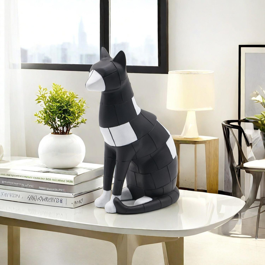 Yiran Furniture Dekofigur Katze mit Karomuster in Schwarz-Weiß aus Kunstharz für dein Wohnzimmer - Bild 2