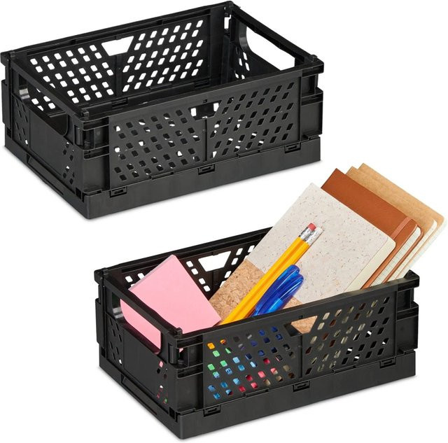 Relaxdays Klappbox 2er Set aus Kunststoff in Schwarz, stapelbar und zusammenklappbar, B/T/H: 25 x 10 x 16,5 cm - Bild 1