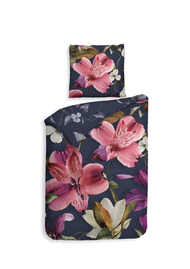 Heckett & Lane Mako-Satin Bettwäsche Tropici mit floralem Lilien-Muster in Navy Blue und Pink, B/H: 155 x 220 cm mit Kissenbezug 80 x 80 cm - Bild 1