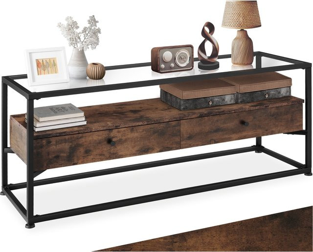 tectake Sideboard Industrial Style in Braun mit Sicherheitsglas und Holzoptik, B/T/H: 121,5 x 41,5 x 50,5 cm - Bild 1