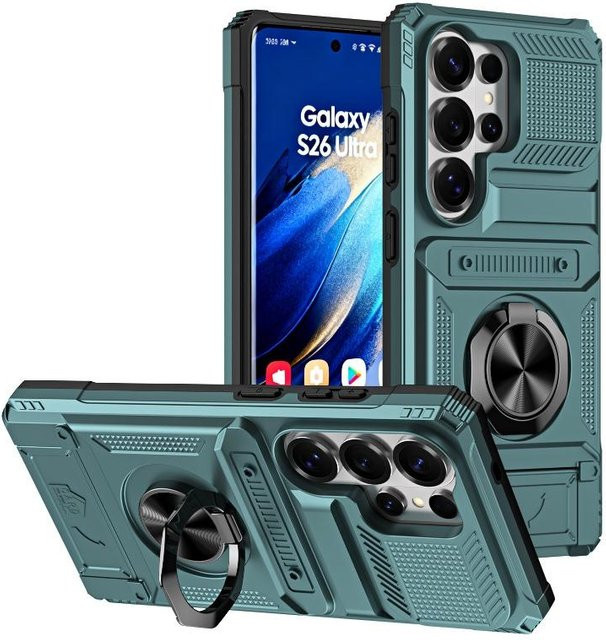 Robuste Samsung Handyhülle mit magnetischem drehbarem Ring-Ständer und Brieftaschen-Funktion in Grün für Samsung Galaxy S26 S25 S24 S23 S22 Ultra Plus FE A57 A56 A55 A54 A53 A52 A51 A35 A34 A33 A32 A31 A25 A24 A23 A22 A15 A14 A12 - Bild 1