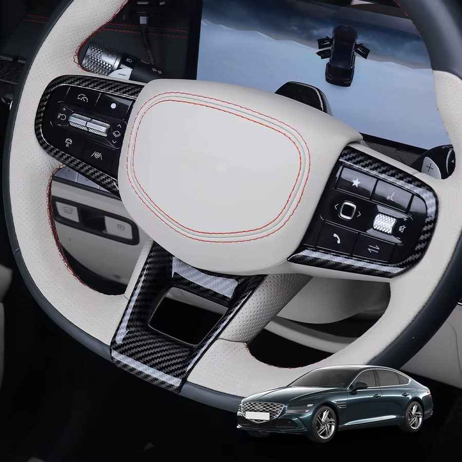 3-teiliges Lenkrad-Dekorleisten-Set aus Carbon-Faser und Holzmaserung in Schwarz für Genesis G80(PE), GV70(PE) und GV80(PE) LHD/RHD Auto-Innenausstattung - Bild 1