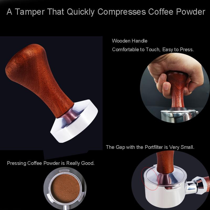 Espresso Tamper aus Aluminium mit Holzgriff in Braun für Siebträger Kaffeemaschinen mit 51mm, 53mm oder 58mm Durchmesser - Bild 2