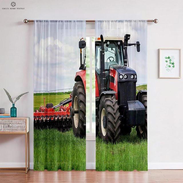 Yiran Furniture 2er-Set Druckfenstervorhänge mit 3D-Traktor-Motiv, halbtransparent, Mehrfarbig, B: 50 cm, H: 130 cm - Bild 1