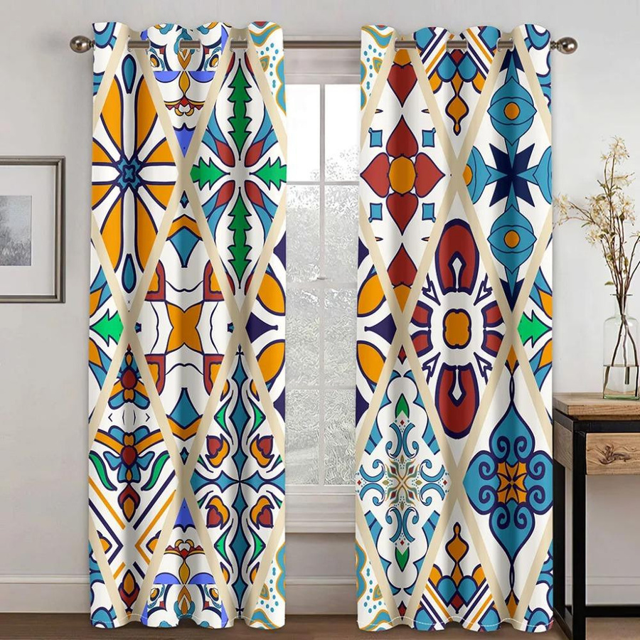 Yiran Furniture Vorhänge im böhmischen Stil mit farbigem Gitterdruck, 2 Paneele, halbtransparent, Polyester, Mehrfarbig, Breite: 100 cm, Höhe: 130 cm - Bild 2
