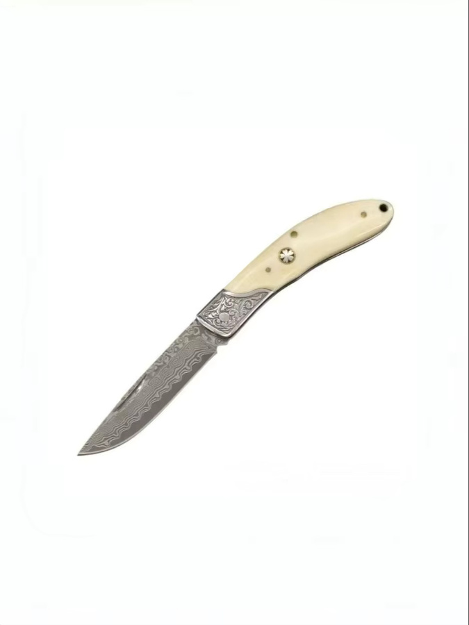 Damaskus Klappmesser mit Rindknochen-Griff und geprägtem Stahlkopf für Outdoor und Camping - Bild 2