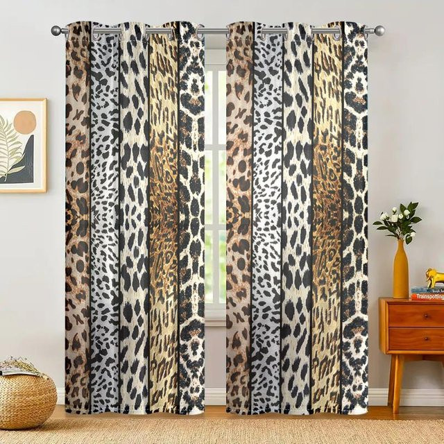 2er-Set halbtransparente Vorhänge mit Leopardenmuster in Multicolour, moderner Stil mit Ösen, B: 150 cm, H: 166 cm - Bild 1