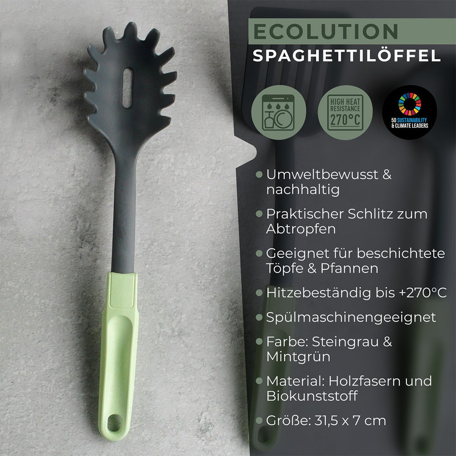 Fackelmann Ecolution Spaghettilöffel in Grau und Grün, hitzebeständig und spülmaschinenfest - Bild 3