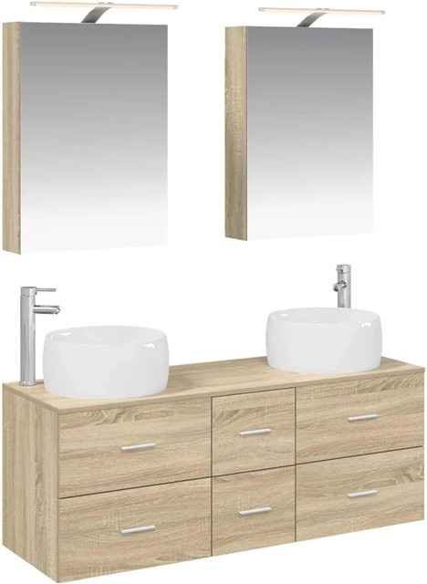 vidaXL Badezimmermöbel-Set 5-teilig in Sonoma-Eiche mit Waschtischunterschrank und Spiegelschrank aus Holz und Glas in Braun - Bild 1
