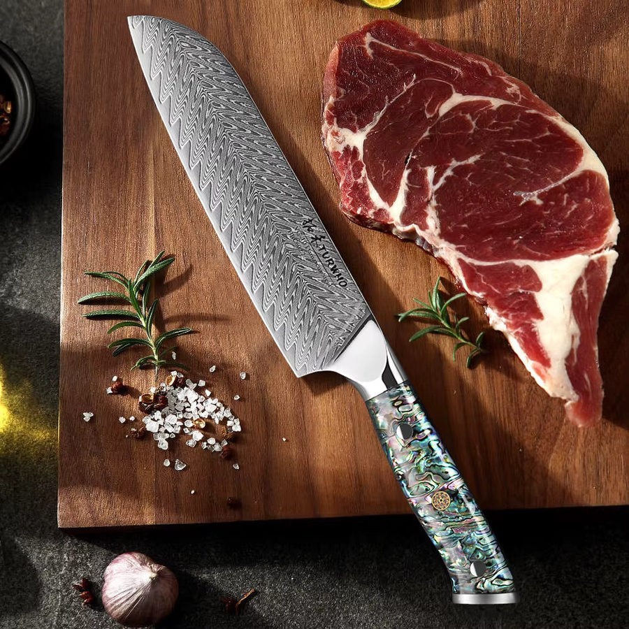 Turwho Santoku-Messer aus Damaststahl, 7 Zoll (17,78 cm) professionelles japanisches Küchenmesser für Fleisch, Fisch und Gemüse - Bild 2