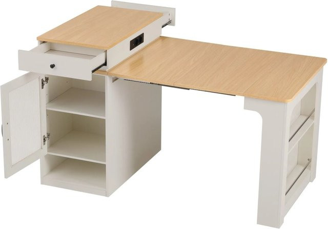 okwish Kücheninsel mit Rollen und Auszugstisch in Weiß mit integrierter Steckdosenleiste, B/T/H: 151 x 80 x 92 cm - Bild 1