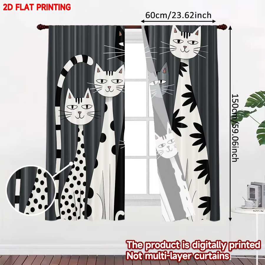 2er-Set Szenenvorhänge mit Cartoon-Katzen-Motiv, digital bedruckte Polyester-Vorhänge für den Innenbereich, Mehrfarbig - Bild 2