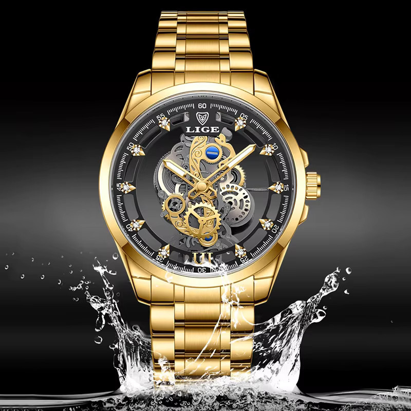 LIGE Armbanduhr Skeleton, Quarz, Gold, Edelstahl, Herren - Bild 3