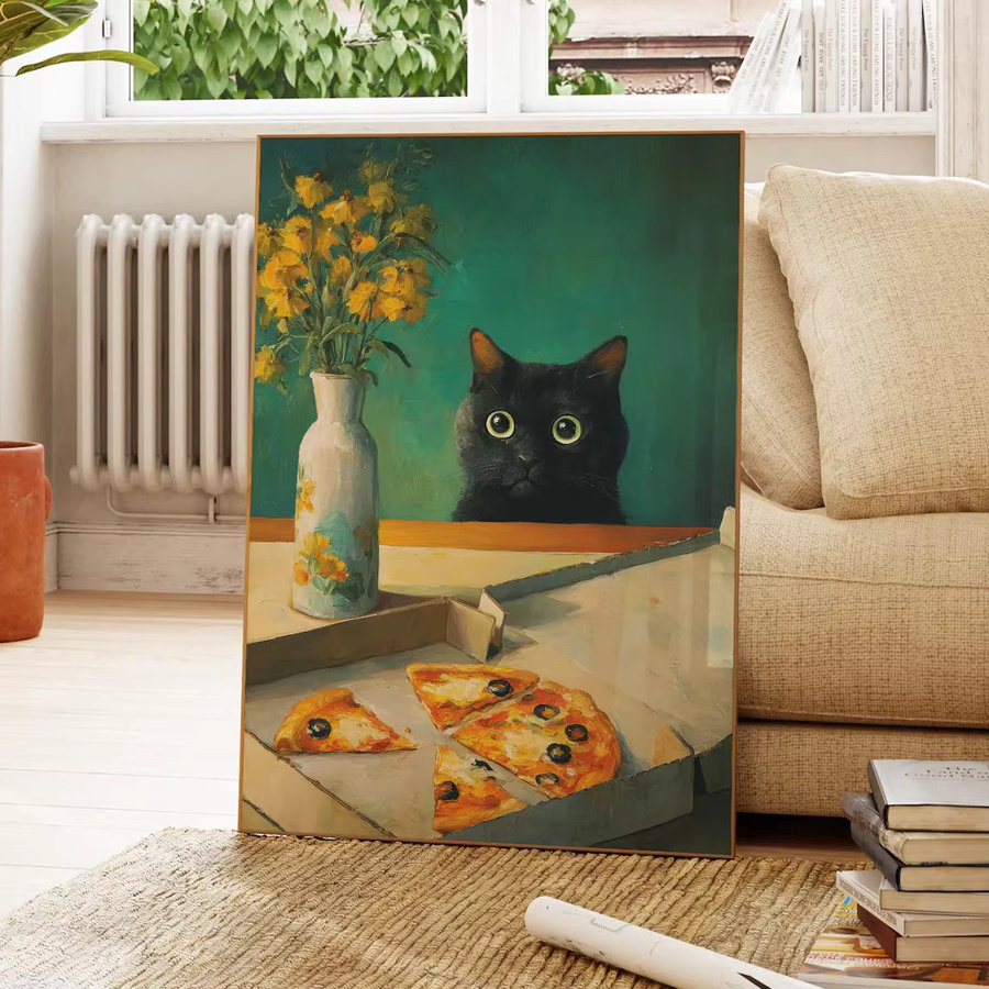 Wandkunst von SHENCHEN mit Katze und Pizza in Blaugrün und Goldgelb auf Papier - Bild 2