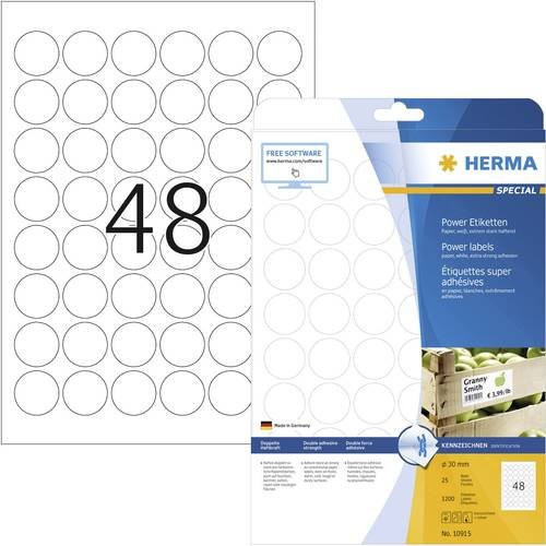Herma Power-Etiketten 10915 rund Ø 30 mm weiß Papier extrem stark haftend 1200 Stück - Bild 1