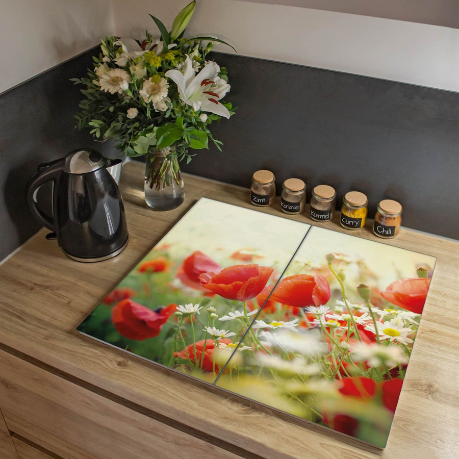 Banjado Herdabdeckplatte aus Glas zweiteilig mit Motiv Kamille und Mohn, B/T: 52 x 30 cm pro Platte, Mehrfarbig - Bild 1