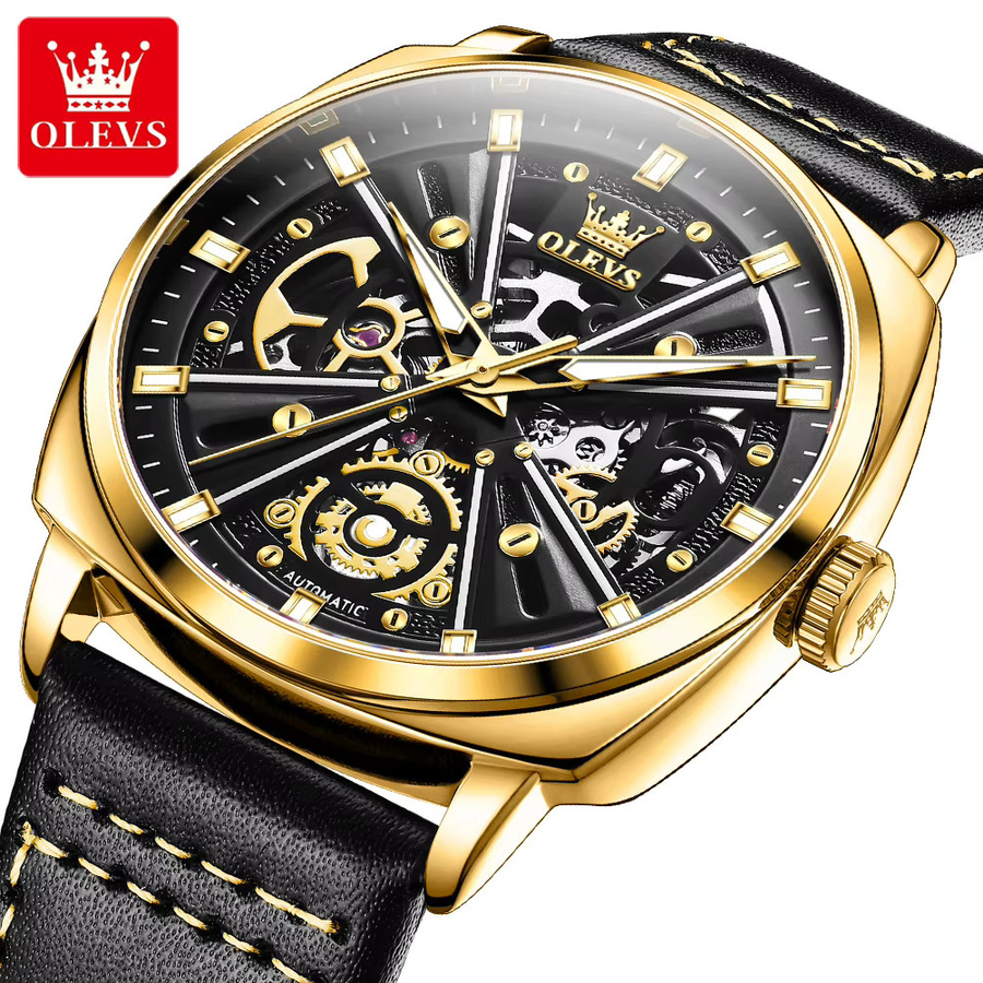 OLEVS Armbanduhr, Automatik, Leder, Schwarz, Gold, Bicolor, Herren - Bild 7