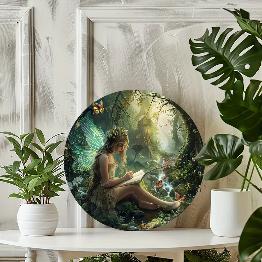Potdemiel Rundes Aluminium-Wandschild Enchanted Elf Girl Vintage-Waldszene mit Fee und Schmetterlingen, Mehrfarbig, Durchmesser: 20,32 cm - Bild 2