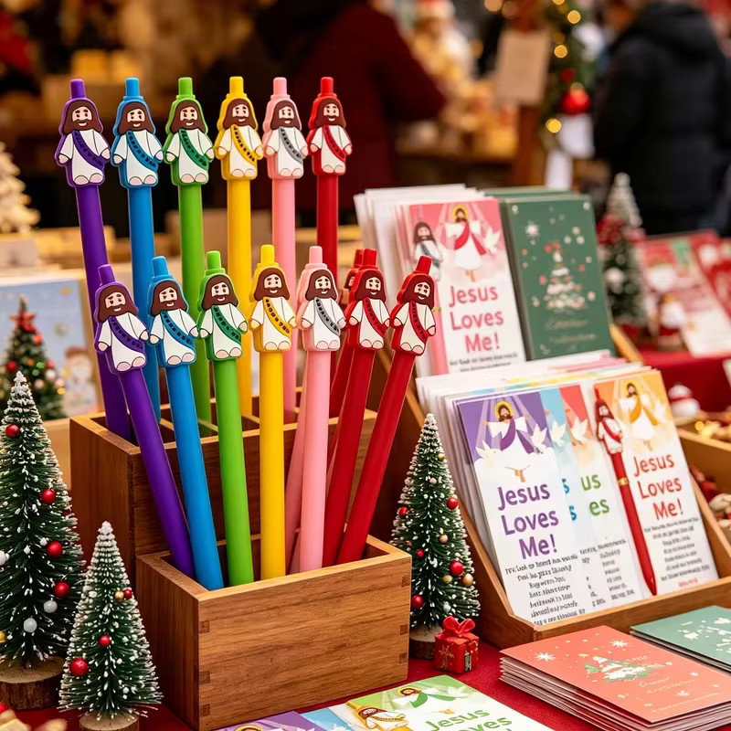 Set aus christlichen Kugelschreibern für Ostern und Weihnachten mit Jesus liebt dich Grußkarte und goldfarbenem Krawattenbinder, mehrfarbig - Bild 4