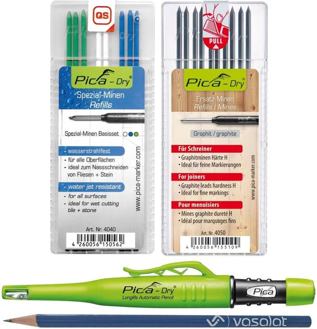 vasalat Pica Dry Marker-Set für Profis mit 10 Minen Härte H und 8 Minen in Blau, Weiß und Grün - Bild 1