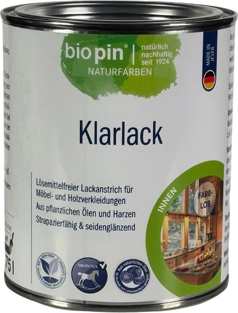 Biopin Klarlack für Holz, wasserbasiert, farblos, seidenmatt, lösungsmittelfrei, 0,75 l - Bild 1