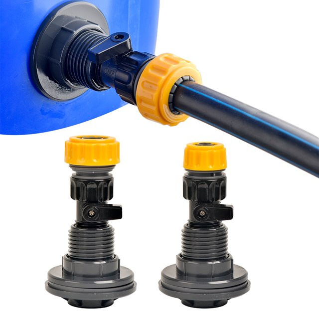 GI Yuling PVC Regenfass-Zapfen-Set in Schwarz mit 3/4 Zoll Anschluss und 1/2 Zoll sowie 3/4 Zoll Schlauchanschluss für die Bewässerung - Bild 1