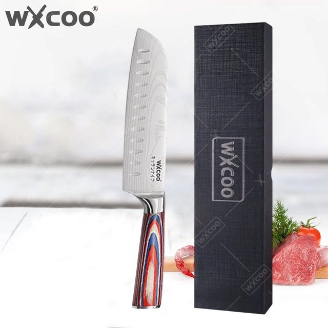 WXCOO Santoku-Messer aus Damaszener Stahl und Edelstahl in Silber mit Holzgriff inklusive Geschenkbox - Bild 1