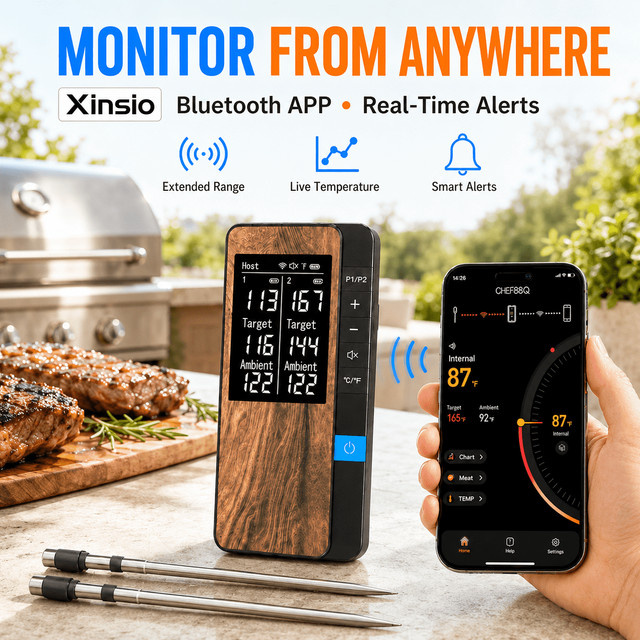 Xinsio Kabelloses Bluetooth Fleischthermometer mit digitalem LCD-Bildschirm und App-Steuerung, wiederaufladbares Sonden-Küchenthermometer für BBQ, Ofen und Rotisserie - Bild 1