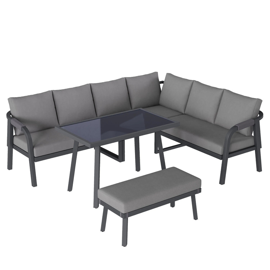 okwish Garten-Essgruppe mit Tisch, Bank und Stühlen aus Stahl und Glas in Grau für bis zu 8 Personen - Bild 2