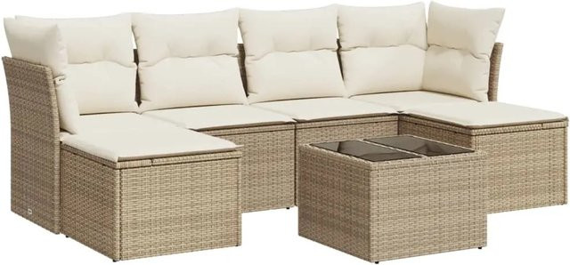 vidaXL 7-teilige Garten-Sofagarnitur in L-Form mit Kissen und Couchtisch, Beige, Poly-Rattan und Metallgestell - Bild 1