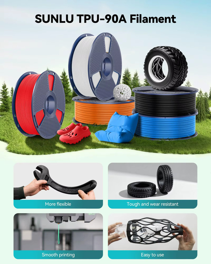 SUNLU TPU 3D-Drucker-Filament Schwarz, 1,75 mm, 1 kg, Hochgeschwindigkeits-90 A flexibles Filament für FDM-Drucker - Bild 4