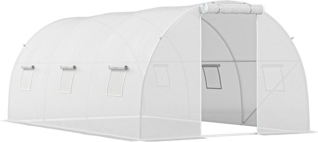 Outsunny Tunnel-Gewächshaus mit 13,5 m² Anbaufläche, 6 Fenstern und aufrollbarer Reißverschlusstür, verzinkter Stahlrahmen und weiße PE-Plane, B/T/H: 4,5 x 3 x 2 m - Bild 1