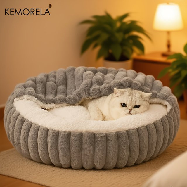 KEMORELA Katzenhöhle mit Kapuze, rundes Kätzchenbett in Grau, rutschfest und gesteppt für Katzen und Hunde - Bild 1