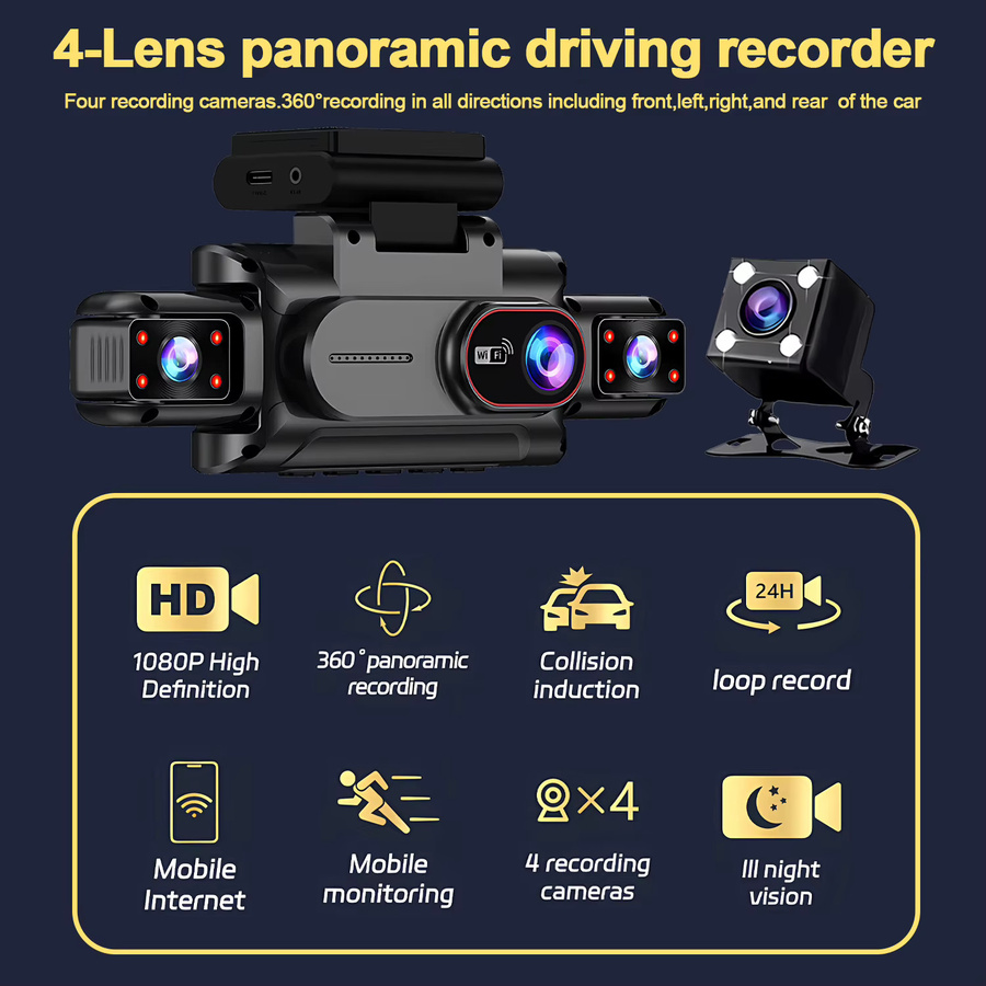 Maxtoss 4-Kanal Auto-DVR Dashcam mit 360 Grad Rundum-Überwachung, Full HD 1080P, WLAN und Videoaufzeichnung, Schwarz - Bild 2