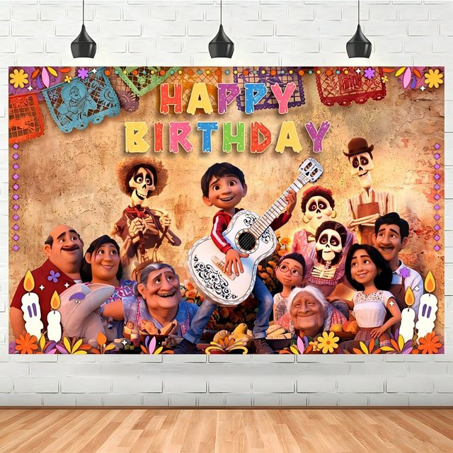 Mexikanisches Papel Picado Geburtstagsbanner im Disney Coco Stil mit Blumen und Kerzen, Multicolour, Motiv Tag der Toten Fotokabinen-Hintergrund - Bild 1