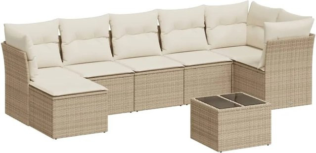 vidaXL 8-tlg Garten-Sofagarnitur in L-Form aus beige farbenem PE-Rattan mit Kissen und pulverbeschichtetem Stahlgestell - Bild 1