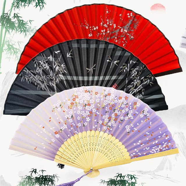 Eleganter chinesischer Faltfächer im Vintage-Stil mit floralem Muster und Quaste aus Bambus und Holz in Mehrfarbig - Bild 1