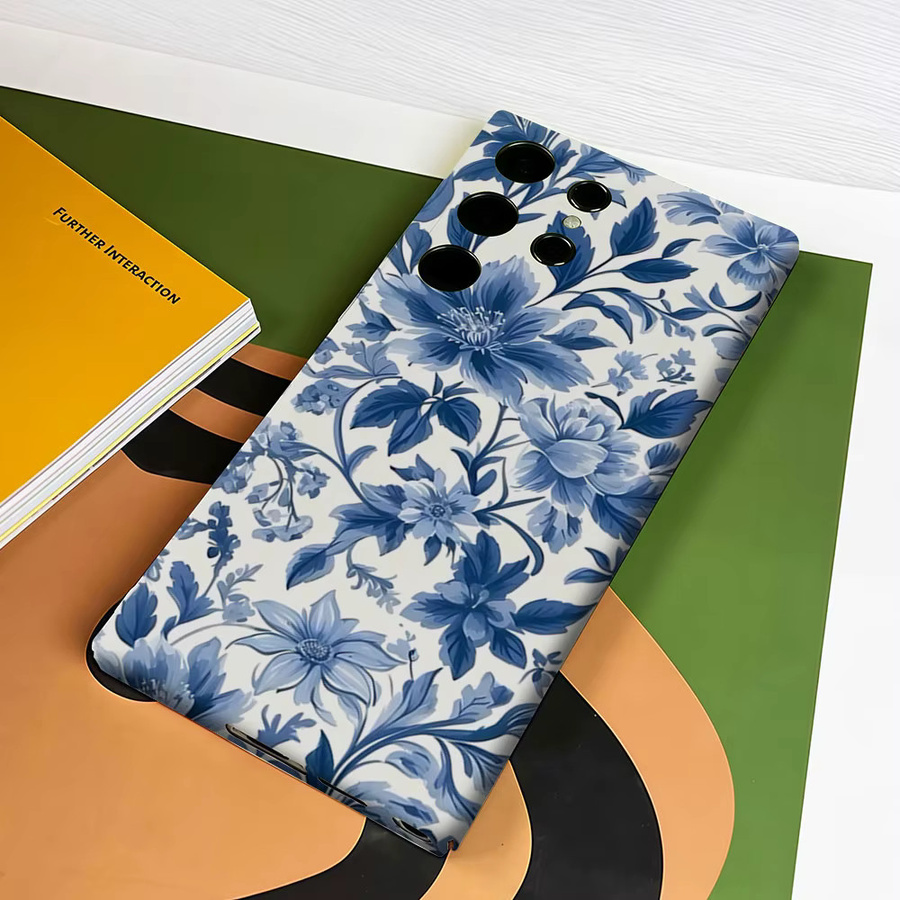 Aurbe Handyhülle für Samsung Galaxy S26 S25 S24 S23 Ultra Plus in Blau mit Blumenmuster im Porzellan-Stil und HD Hart-Doppelschicht-Filmhülle - Bild 5