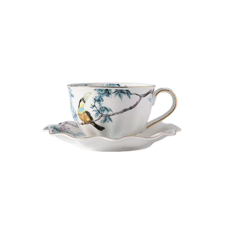 Keramiktasse mit Untertasse im floralen Blumen- und Vogelmuster, Mehrfarbig - Bild 5